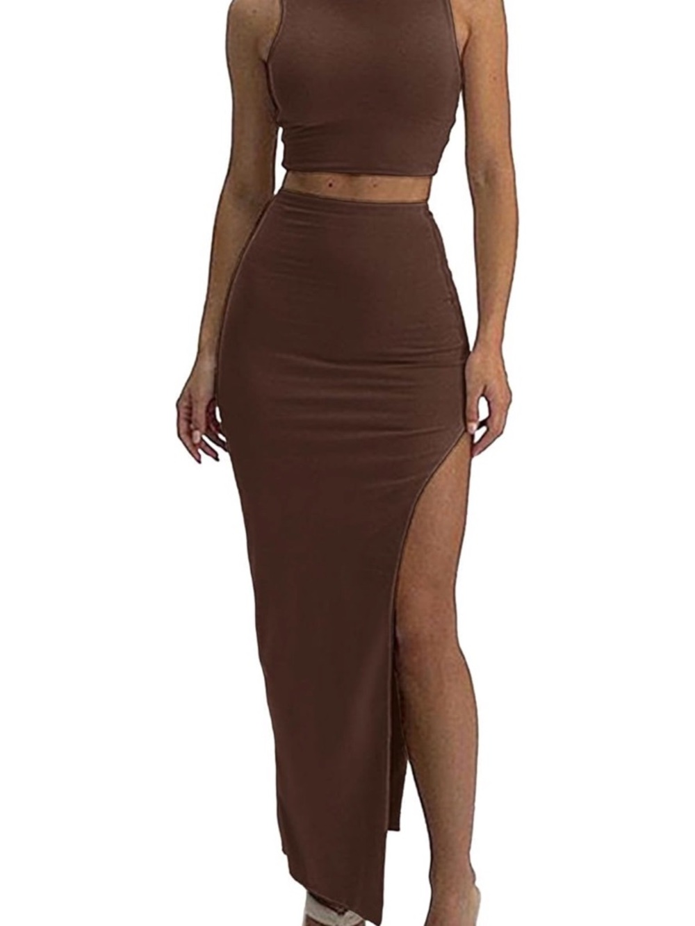 Women’s Brown High-Slit Maxi Skirt with Matching Cropped Top